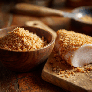 Bowl of pork rind crumbs next to a wooden cutting board with chicken fillet coated in crumbs.
