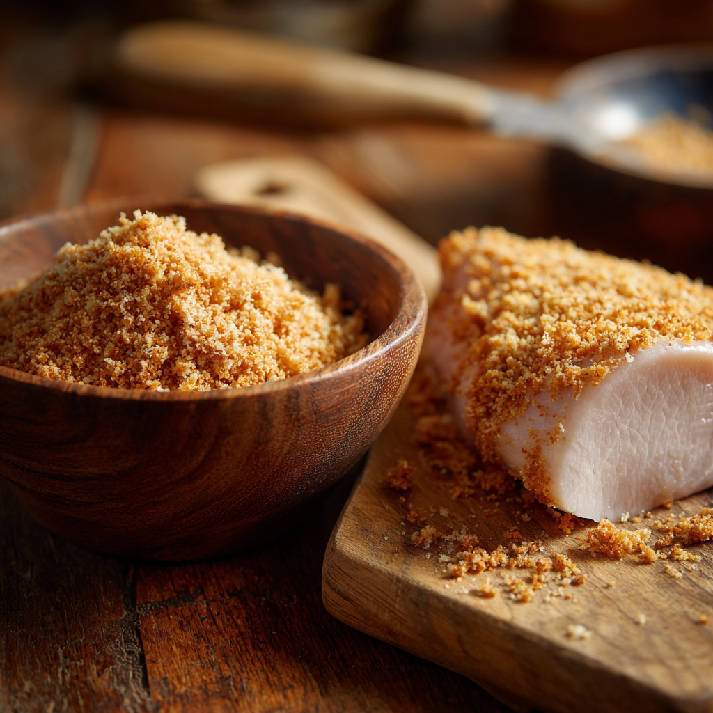 Bowl of pork rind crumbs next to a wooden cutting board with chicken fillet coated in crumbs.