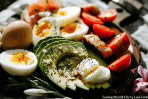 A platter with low-carb brain-boosting foods including avocado, eggs, grilled chicken, and cheese, representing a healthy low-carb diet for mental clarity.