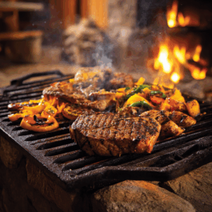Traditional South African braai with ribeye steaks, golden chicken wings, and colorful roasted vegetables over glowing wood fire coals in a rustic outdoor setting