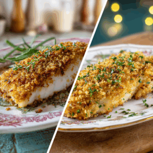 Side-by-side hake fillets on a decorated plate, one coated in pork rind crumbs and the other in traditional breadcrumbs for the ZeroKrumbs Crumb Challenge.