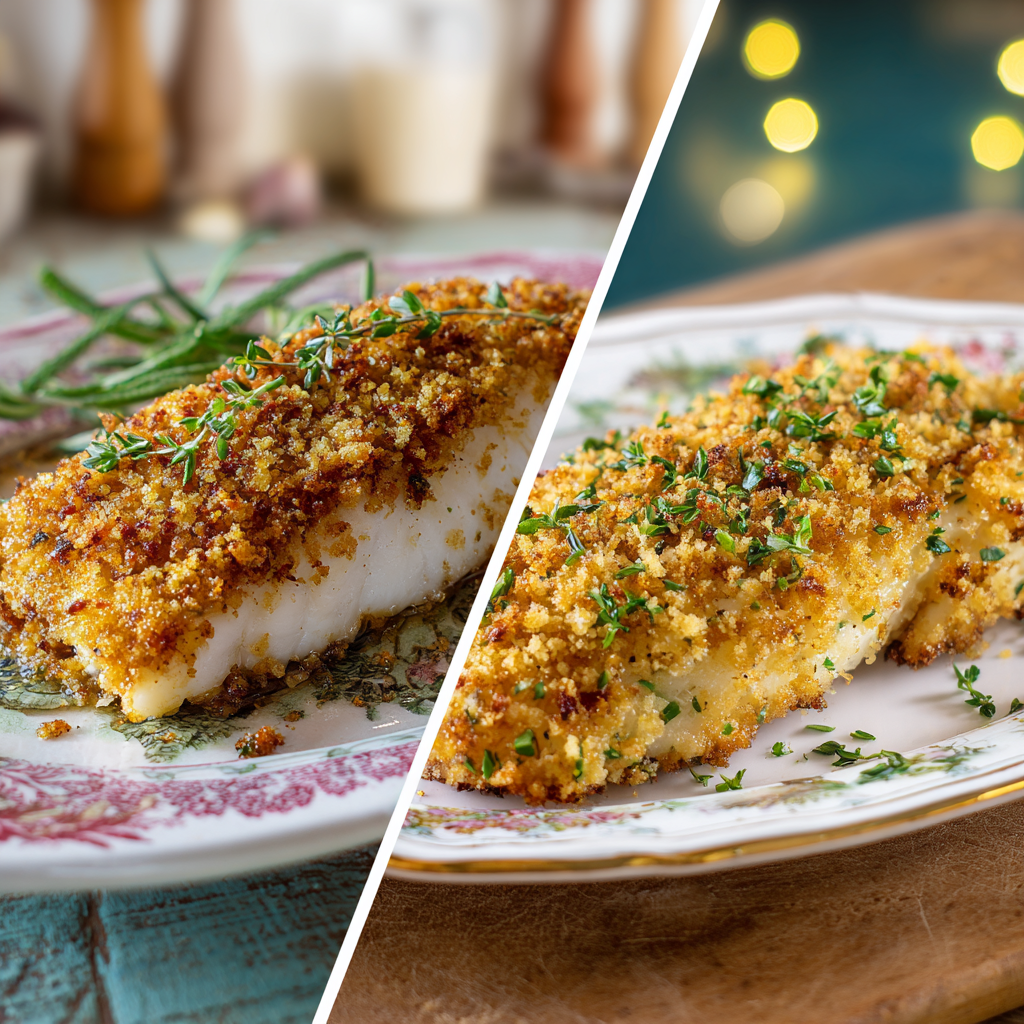 Side-by-side hake fillets on a decorated plate, one coated in pork rind crumbs and the other in traditional breadcrumbs for the ZeroKrumbs Crumb Challenge.